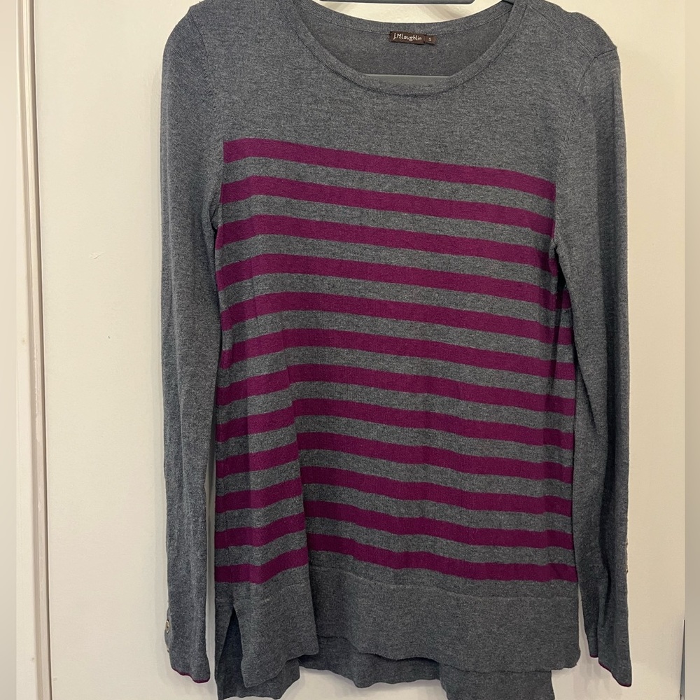 J. McLaughlin grey sweater with purple stripes size small